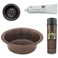 Premier Copper Products 14" Round Hammered Copper Prep Bar Sink w/ 3.5" Drain Opening, Matching Drain and Accessories, Oil Rubbed Bronze, BSP5_BR14DB3-D