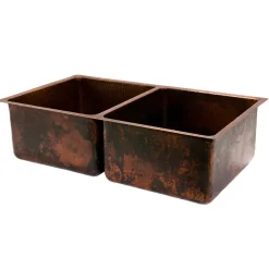 Premier Copper Products 33" Hammered Copper Kitchen 50/50 Double Basin Sink with Matching Drains, and Accessories, Oil Rubbed Bronze, KSP3_K50DB33199