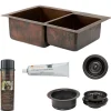 Premier Copper Products 33" Hammered Copper Kitchen 60/40 Double Basin Sink with Matching Drains, and Accessories, Oil Rubbed Bronze, KSP3_K60DB33229
