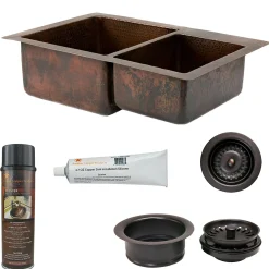 Premier Copper Products 33" Hammered Copper Kitchen 60/40 Double Basin Sink with Matching Drains, and Accessories, Oil Rubbed Bronze, KSP3_K60DB33229