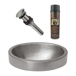 Premier Copper Products 17" Compact Oval Skirted Vessel Hammered Copper Bathroom Sink in Nickel, Matching Drain and Accessories, BSP5_VO17SKEN-P