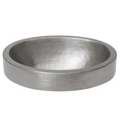 Premier Copper Products 17" Compact Oval Skirted Vessel Hammered Copper Bathroom Sink in Nickel, Matching Drain and Accessories, BSP5_VO17SKEN-P