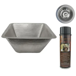 Premier Copper Products 17" Large Square Hammered Copper Bar/Prep Sink in Nickel, Matching Drain and Accessories, BSP5_BS17EN-D