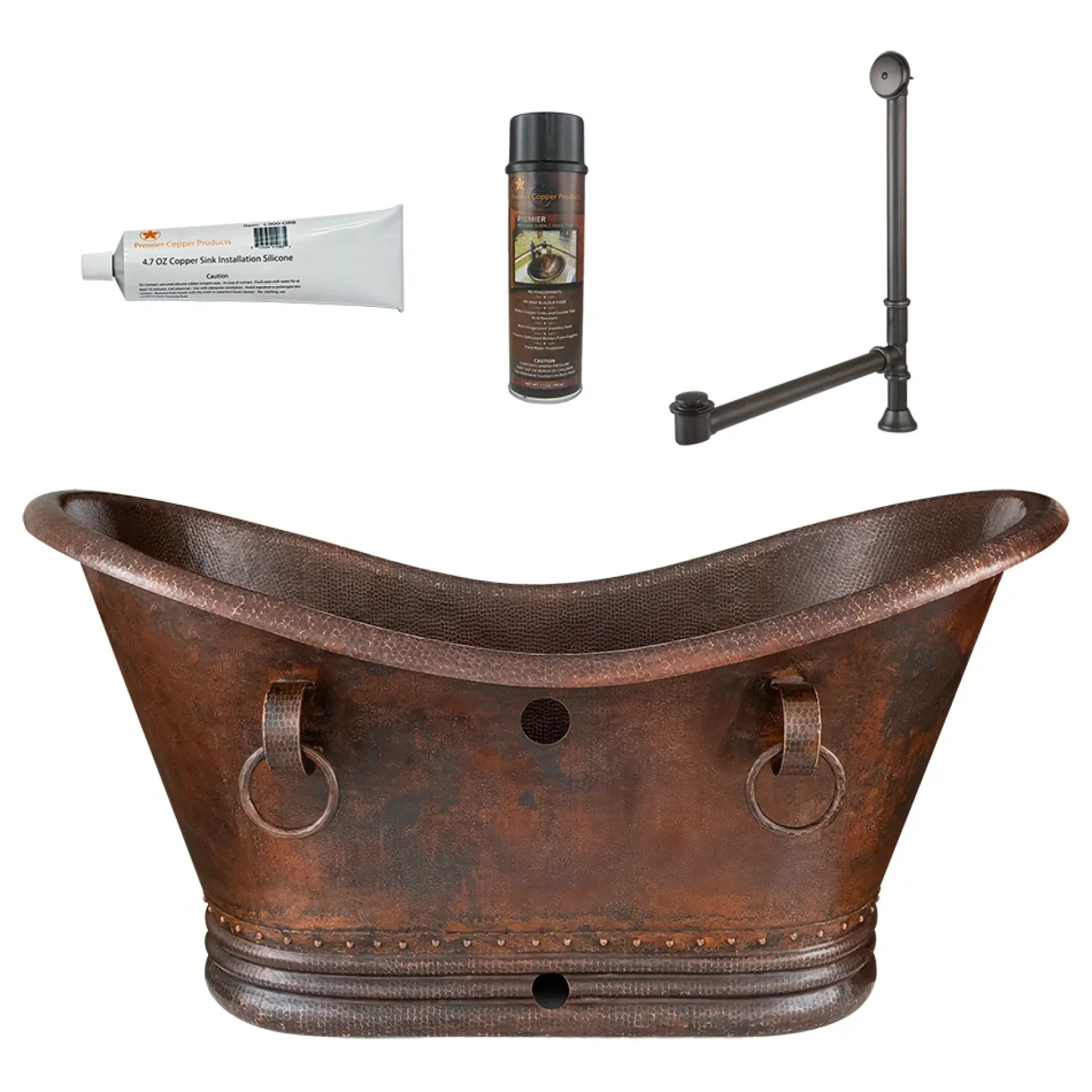 Premier Copper Products 60" Hammered Copper Double Slipper Bathtub with Rings and Overflow Holes and Drain Package, Oil Rubbed Bronze, BSP5_BTDR60DBOF