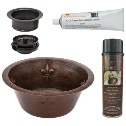 Premier Copper Products 16" Round Copper Prep Bar Sink w/ Fleur De Lis and 3.5" Drain Opening, Matching Drain and Accessories, Oil Rubbed Bronze, BSP5_BR16FDB3-G