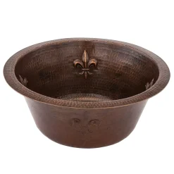 Premier Copper Products 16" Round Copper Prep Bar Sink w/ Fleur De Lis and 3.5" Drain Opening, Matching Drain and Accessories, Oil Rubbed Bronze, BSP5_BR16FDB3-G