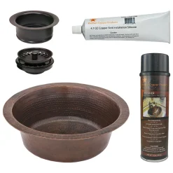 Premier Copper Products 14" Round Hammered Copper Prep Bar Sink w/ 3.5" Drain Opening, Matching Drain and Accessories, Oil Rubbed Bronze, BSP5_BR14DB3-G