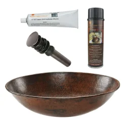 Premier Copper Products 17" Oval Wired Rim Vessel Hammered Copper Bathroom Sink, Matching Drain and Accessories, Oil Rubbed Bronze, BSP5_VO17WDB-P
