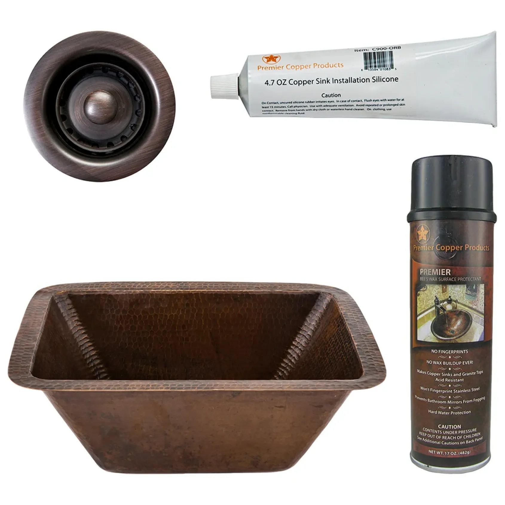 Premier Copper Products 17" Rectangle Copper Bar Sink w/ 2" Drain Opening, Matching Drain and Accessories, Oil Rubbed Bronze, BSP5_BRECDB2-B