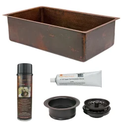 Premier Copper Products 33" Hammered Copper Kitchen Single Basin Sink with Matching Drain and Accessories, Oil Rubbed Bronze, KSP3_KSDB33199
