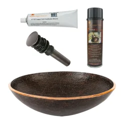 Premier Copper Products 16" Round Hand Forged Old World Copper Vessel Bathroom Sink, Matching Drain and Accessories, Oil Rubbed Bronze, BSP5_PV16RDB-P