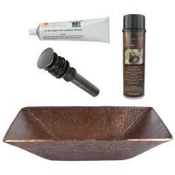 Premier Copper Products 17" Modern Rectangle Hand Forged Old World Copper Vessel Bathroom Sink, Matching Drain and Accessories, Oil Rubbed Bronze, BSP5_PVMRECDB-P