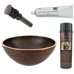 Premier Copper Products 13" Round Hand Forged Old World Copper Vessel Bathroom Sink, Matching Drain and Accessories, Oil Rubbed Bronze, BSP5_PV13RDB-P