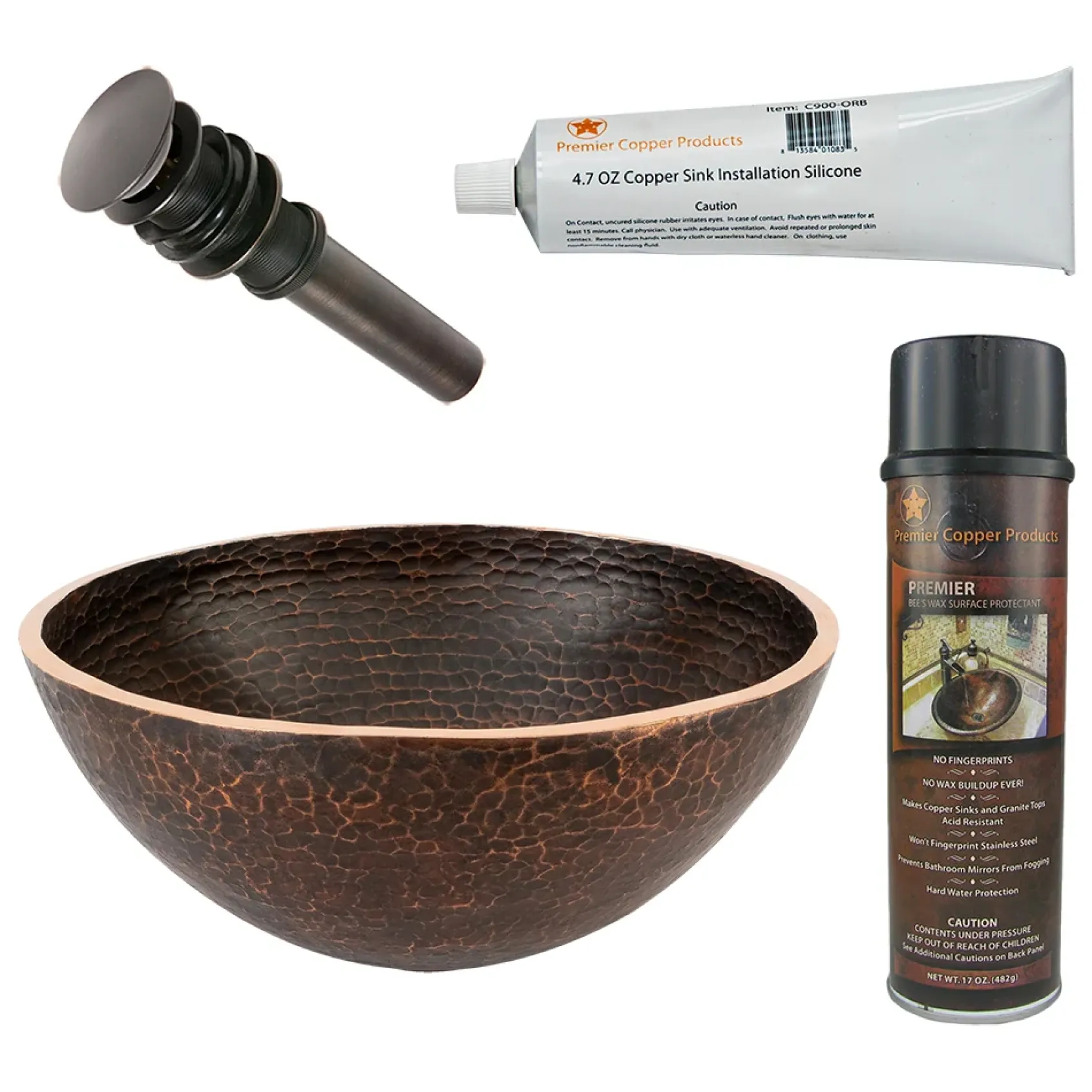 Premier Copper Products 13" Round Hand Forged Old World Copper Vessel Bathroom Sink, Matching Drain and Accessories, Oil Rubbed Bronze, BSP5_PV13RDB-P