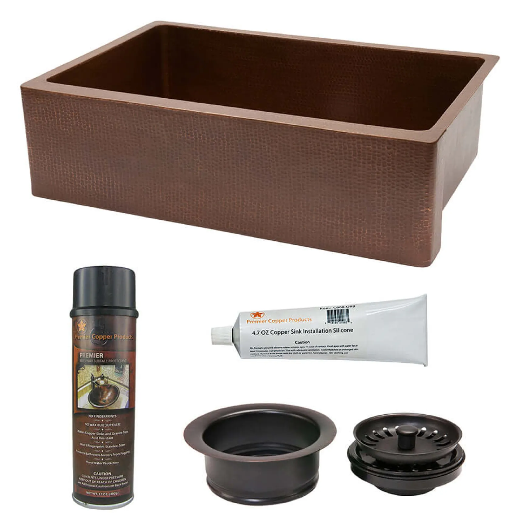 Premier Copper Products 33" Antique Hammered Copper Kitchen Apron Single Basin Farmhouse Sink with Matching Drain, and Accessories, Antique Copper, KSP3_KASB33229