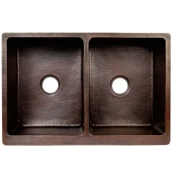 Premier Copper Products 33" Copper Farmhouse Sink, 50/50 Double Bowl, Oil Rubbed Bronze and Nickel, KA50DB33229S-NB