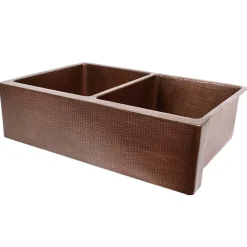 Premier Copper Products 33" Copper Farmhouse Sink, 50/50 Double Bowl, Antique Copper, KA50B33229