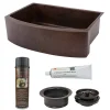 Premier Copper Products 30" Hammered Copper Kitchen Rounded Apron Single Basin Farmhouse Sink with Matching Drains, and Accessories, Oil Rubbed Bronze, KSP3_KASRDB30249