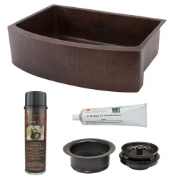 Premier Copper Products 30" Hammered Copper Kitchen Rounded Apron Single Basin Farmhouse Sink with Matching Drains, and Accessories, Oil Rubbed Bronze, KSP3_KASRDB30249