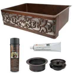 Premier Copper Products 33" Hammered Farmhouse Kitchen Sink w/ Matching Accessories, Scroll Design, KSP3_KASDB33229S-NB