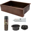 Premier Copper Products 35" Hammered Copper Kitchen Apron Single Basin Farmhouse Sink with Matching Drain and Accessories, Oil Rubbed Bronze, KSP3_KASDB35229