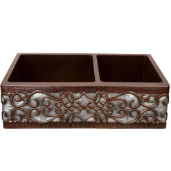 Premier Copper Products 33" Hammered Copper Kitchen Apron 60/40 Double Basin Farmhouse Sink w/ Scroll Design and Apron Front Nickel Background w/ Matching Drains and Accessories, Oil Rubbed Bronze and Nickel, KSP3_KA60DB33229S-NB