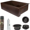 Premier Copper Products 33" Hammered Copper Kitchen Apron 50/50 Double Basin Farmhouse Sink with Short 5" Divider w/ Matching Drains and Accessories, Oil Rubbed Bronze, KSP3_KA50DB33229-SD5