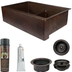Premier Copper Products 33" Hammered Copper Kitchen Apron 50/50 Double Basin Farmhouse Sink with Short 5" Divider w/ Matching Drains and Accessories, Oil Rubbed Bronze, KSP3_KA50DB33229-SD5