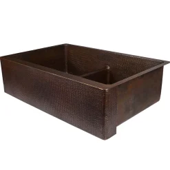 Premier Copper Products 33" Hammered Copper Kitchen Apron 50/50 Double Basin Farmhouse Sink with Short 5" Divider w/ Matching Drains and Accessories, Oil Rubbed Bronze, KSP3_KA50DB33229-SD5
