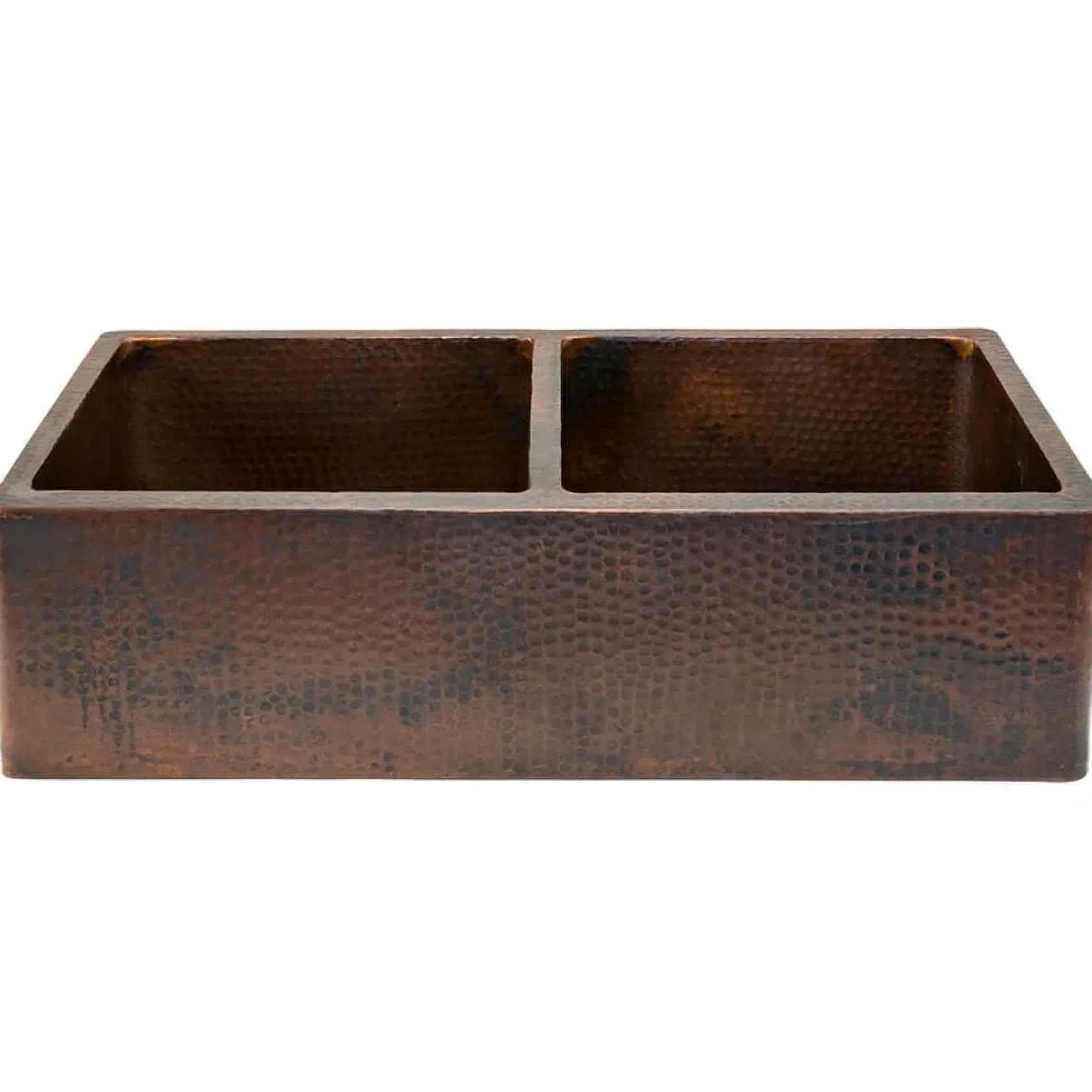 Premier Copper Products 33" Hammered Copper Kitchen Apron 50/50 Double Basin Farmhouse Sink with Matching Drains, and Accessories, Oil Rubbed Bronze, KSP3_KA50DB33229