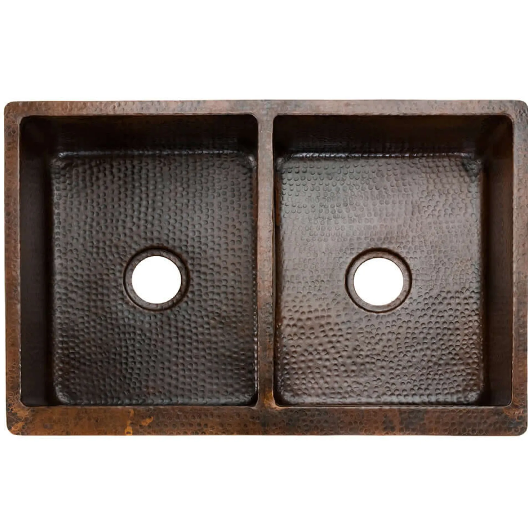Premier Copper Products 33" Hammered Copper Kitchen Apron 50/50 Double Basin Farmhouse Sink with Matching Drains, and Accessories, Oil Rubbed Bronze, KSP3_KA50DB33229