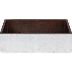 Premier Copper Products 33" Hammered Copper Farmhouse Sink, Glazed White, 14 Gauge, KASWHT33229