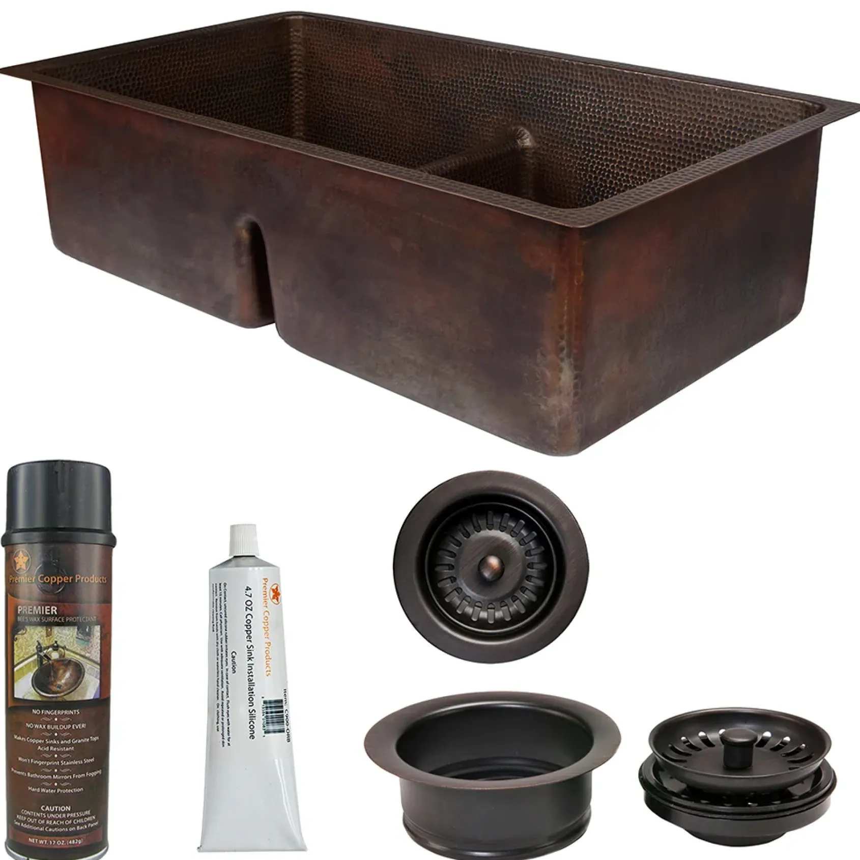 Premier Copper Products 33" Hammered Copper Kitchen 50/50 Double Basin Sink with Short 5" Divider w/ Matching Drains and Accessories, Oil Rubbed Bronze, KSP3_K50DB33199-SD5