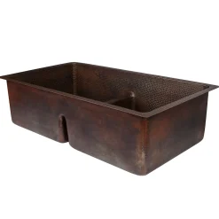 Premier Copper Products 33" Hammered Copper Kitchen 50/50 Double Basin Sink with Short 5" Divider w/ Matching Drains and Accessories, Oil Rubbed Bronze, KSP3_K50DB33199-SD5