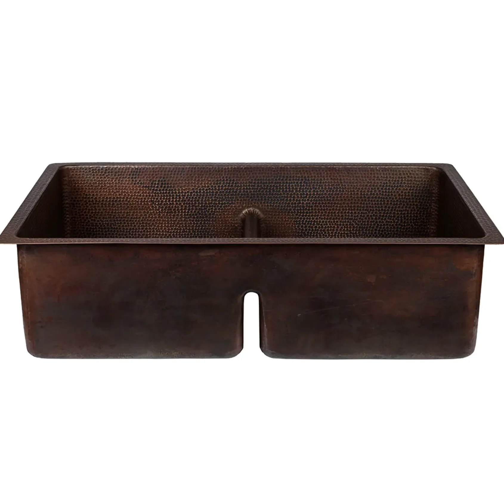 Premier Copper Products 33" Hammered Copper Kitchen 50/50 Double Basin Sink with Short 5" Divider w/ Matching Drains and Accessories, Oil Rubbed Bronze, KSP3_K50DB33199-SD5