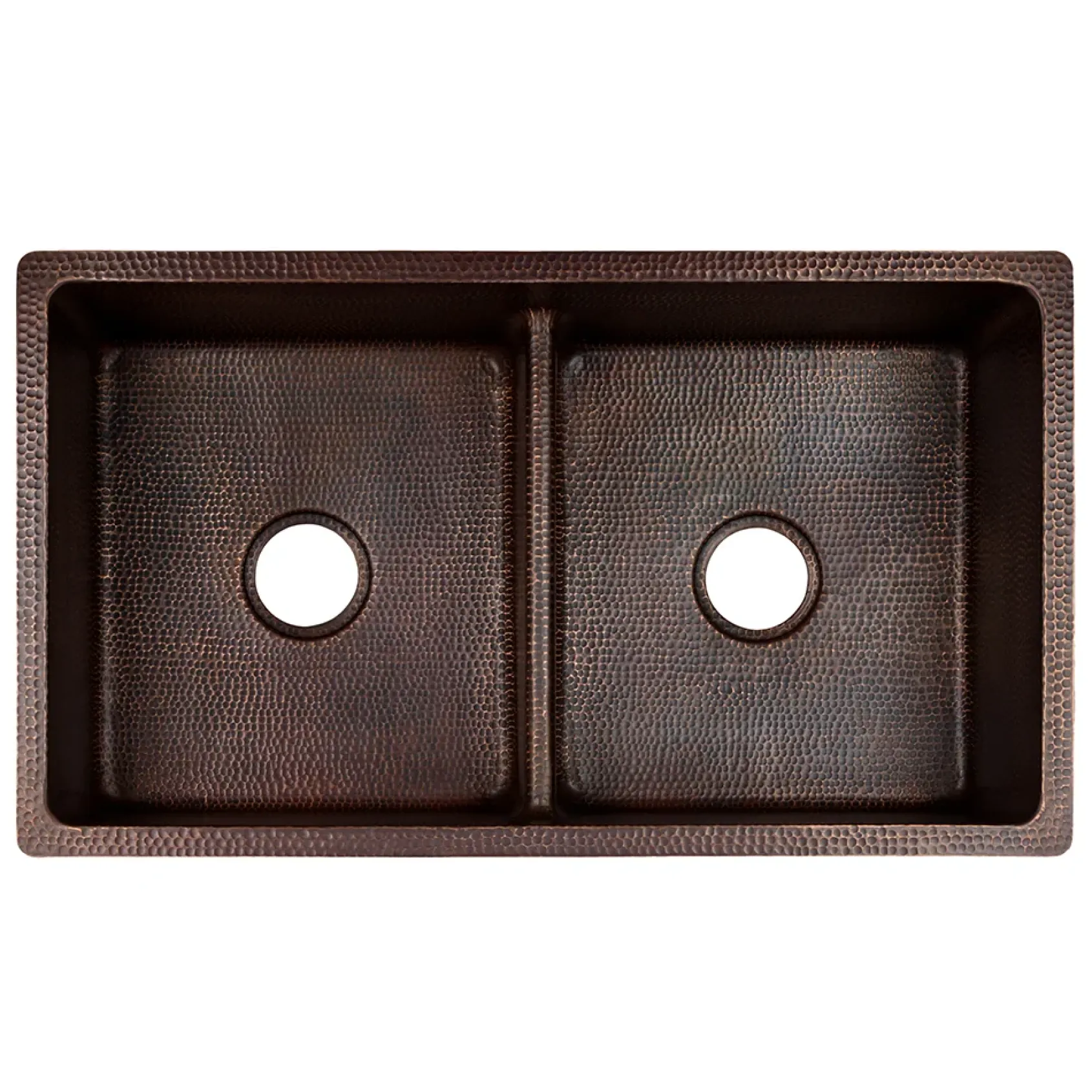 Premier Copper Products 33" Hammered Copper Kitchen 50/50 Double Basin Sink with Short 5" Divider w/ Matching Drains and Accessories, Oil Rubbed Bronze, KSP3_K50DB33199-SD5