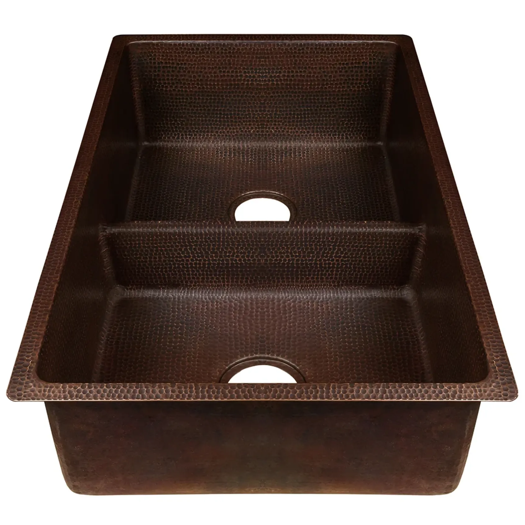 Premier Copper Products 33" Hammered Copper Kitchen 50/50 Double Basin Sink with Short 5" Divider w/ Matching Drains and Accessories, Oil Rubbed Bronze, KSP3_K50DB33199-SD5