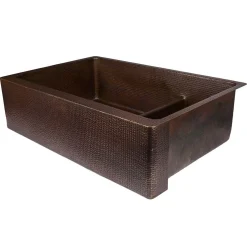 Premier Copper Products 33" Hammered Copper Kitchen Apron 70/30 Double Basin Farmhouse Sink with Short 5" Divider w/ Matching Drains and Accessories, Oil Rubbed Bronze, KSP3_KA70DB33229-SD5