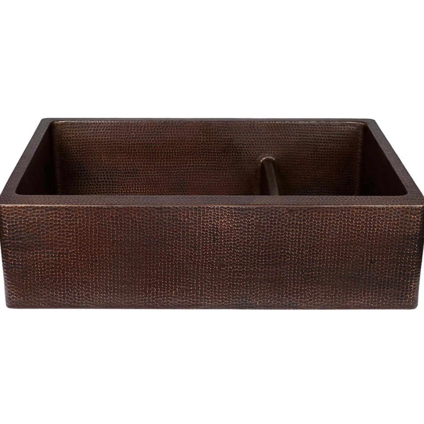Premier Copper Products 33" Hammered Copper Kitchen Apron 70/30 Double Basin Farmhouse Sink with Short 5" Divider w/ Matching Drains and Accessories, Oil Rubbed Bronze, KSP3_KA70DB33229-SD5