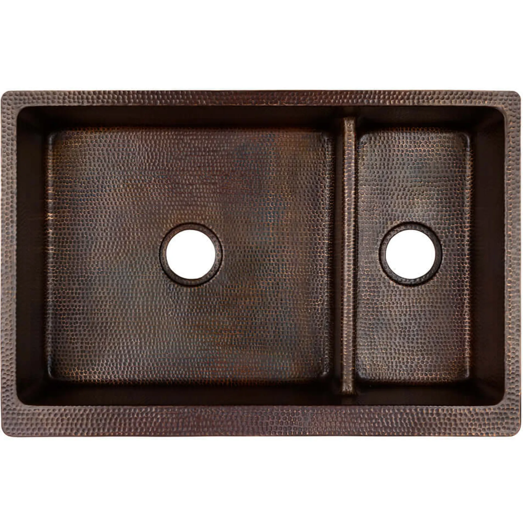 Premier Copper Products 33" Hammered Copper Kitchen Apron 70/30 Double Basin Farmhouse Sink with Short 5" Divider w/ Matching Drains and Accessories, Oil Rubbed Bronze, KSP3_KA70DB33229-SD5
