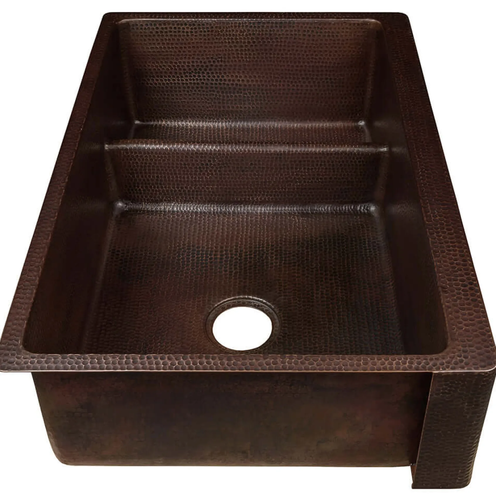 Premier Copper Products 33" Hammered Copper Kitchen Apron 70/30 Double Basin Farmhouse Sink with Short 5" Divider w/ Matching Drains and Accessories, Oil Rubbed Bronze, KSP3_KA70DB33229-SD5