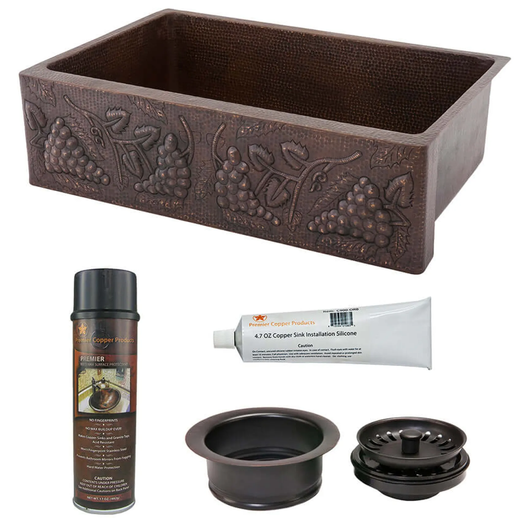 Premier Copper Products 33" Hammered Copper Kitchen Apron Single Basin Farmhouse Sink w/ Vineyard Design with Matching Drain and Accessories, Oil Rubbed Bronze, KSP3_KASDB33229G