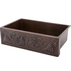Premier Copper Products 33" Hammered Copper Kitchen Apron Single Basin Farmhouse Sink w/ Vineyard Design with Matching Drain and Accessories, Oil Rubbed Bronze, KSP3_KASDB33229G