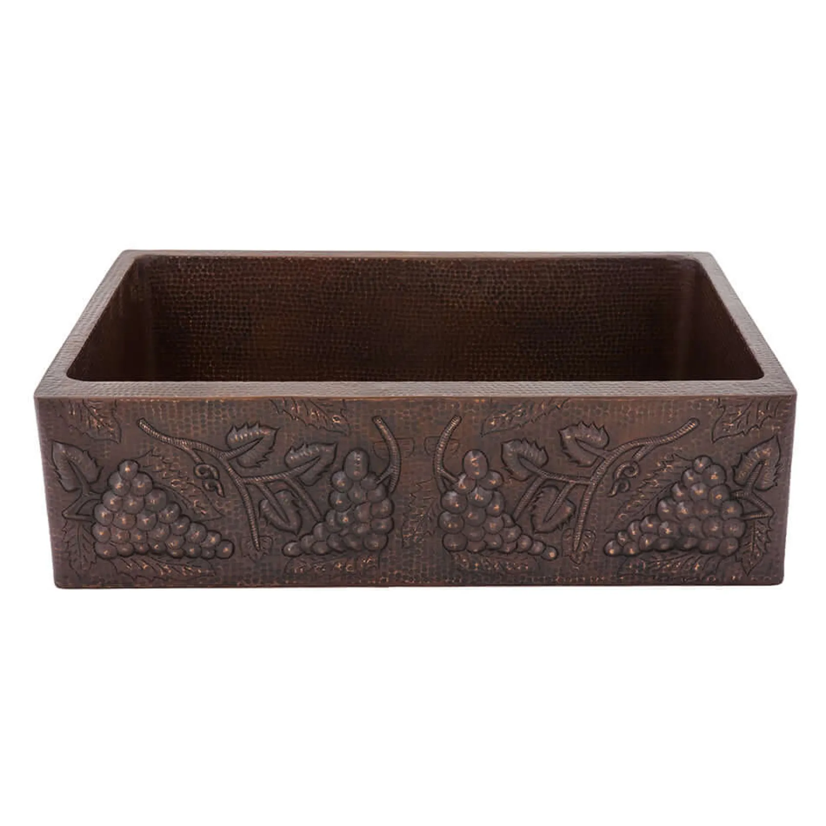 Premier Copper Products 33" Hammered Copper Kitchen Apron Single Basin Farmhouse Sink w/ Vineyard Design with Matching Drain and Accessories, Oil Rubbed Bronze, KSP3_KASDB33229G