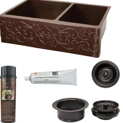 Premier Copper Products 33" Hammered Copper Kitchen Apron 60/40 Double Basin Farmhouse Sink w/ Scroll Design with Matching Drains, and Accessories, Oil Rubbed Bronze, KSP3_KA60DB33229S