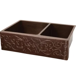 Premier Copper Products 33" Hammered Copper Kitchen Apron 60/40 Double Basin Farmhouse Sink w/ Scroll Design with Matching Drains, and Accessories, Oil Rubbed Bronze, KSP3_KA60DB33229S