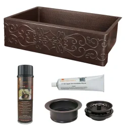 Premier Copper Products 30" Hammered Copper Kitchen Apron Single Basin Farmhouse Sink with Scroll Design with Matching Drain and Accessories, Oil Rubbed Bronze, KSP3_KASDB30229S