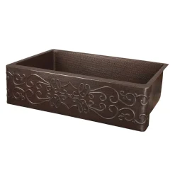 Premier Copper Products 30" Hammered Copper Kitchen Apron Single Basin Farmhouse Sink with Scroll Design with Matching Drain and Accessories, Oil Rubbed Bronze, KSP3_KASDB30229S