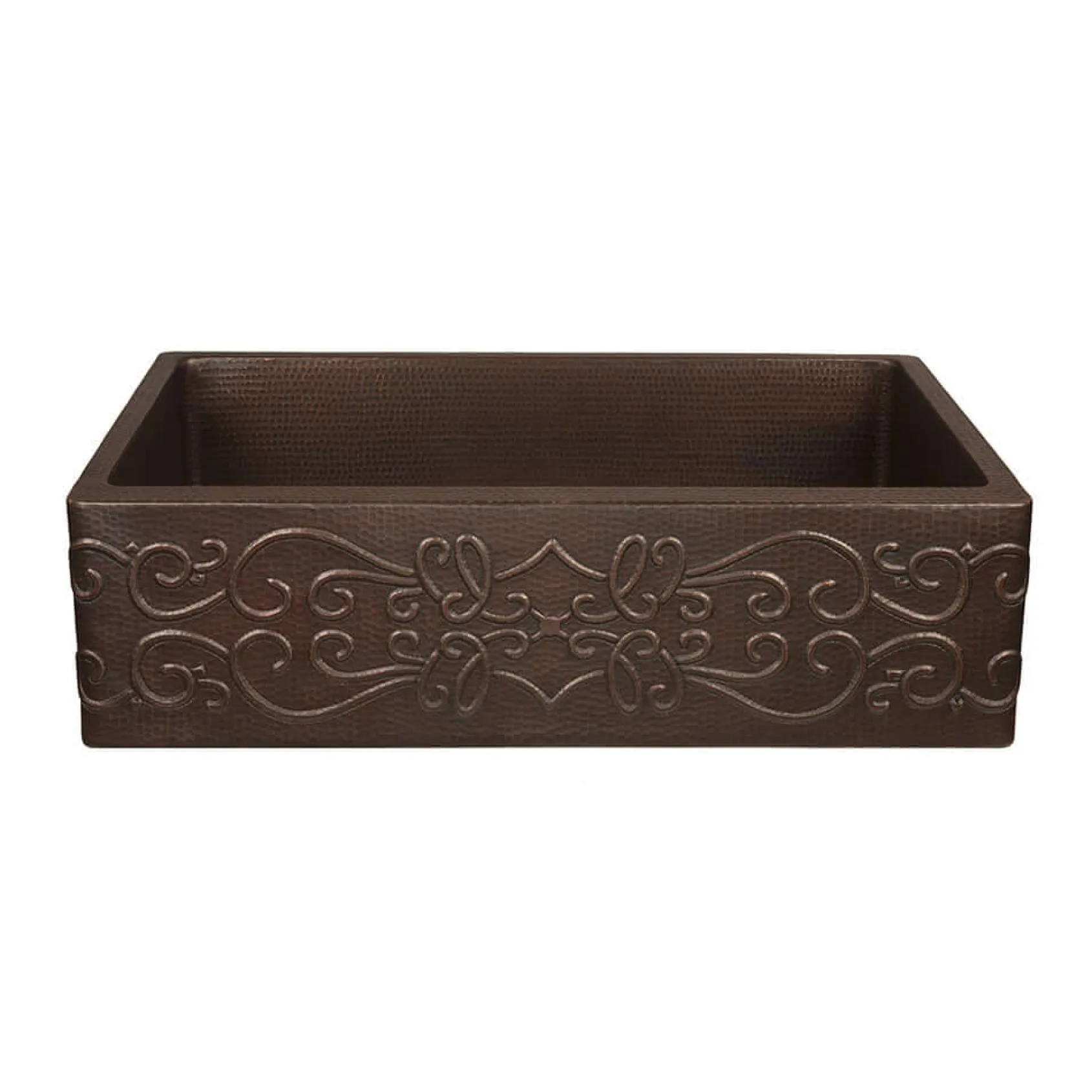 Premier Copper Products 30" Hammered Copper Kitchen Apron Single Basin Farmhouse Sink with Scroll Design with Matching Drain and Accessories, Oil Rubbed Bronze, KSP3_KASDB30229S