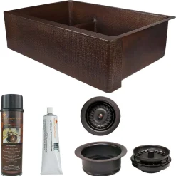Premier Copper Products 33" Hammered Copper Kitchen Apron 30/70 Double Basin Farmhouse Sink with Short 5" Divider w/ Matching Drains and Accessories, Oil Rubbed Bronze, KSP3_KA30DB33229-SD5